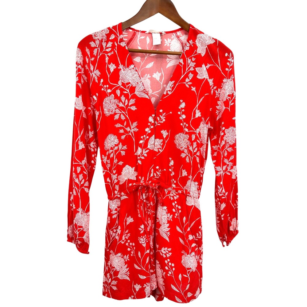 H&M Shorts Romper V-Neck Red Floral Long Sleeve Drawstring Waist Pockets Size 6